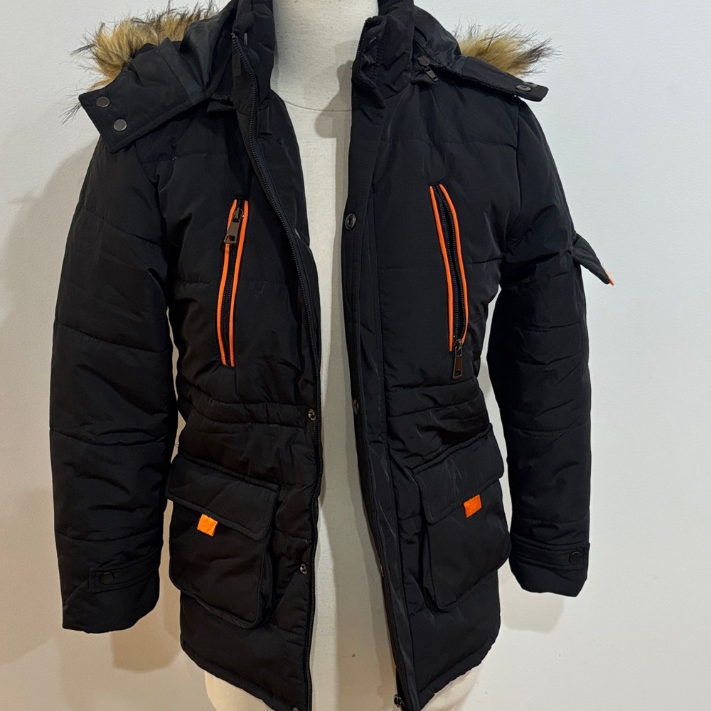 Farvalue boy's winter coat black/orange size: 10-11